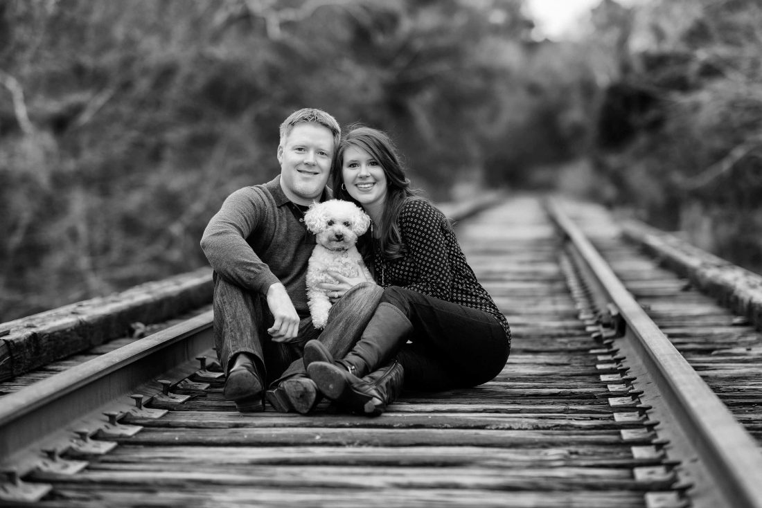 Engagement portrait with poodle sitting on the train tracks - Conway River Walk