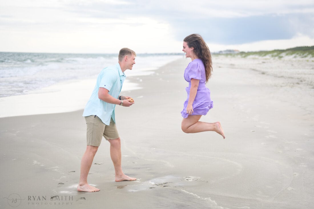 Jumping for joy during the surprise proposal - Huntington Beach State Park - Myrtle Beach