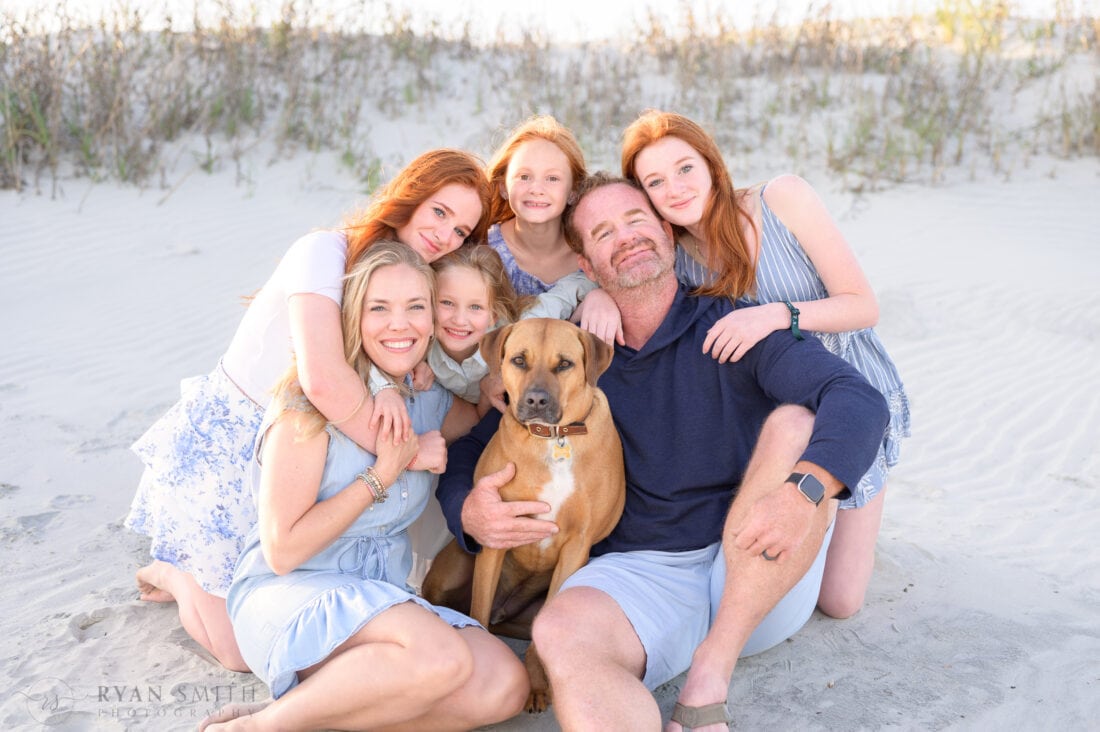 Mom and dad with their 4 girls and dog on the beach - Ocean Isle Beach