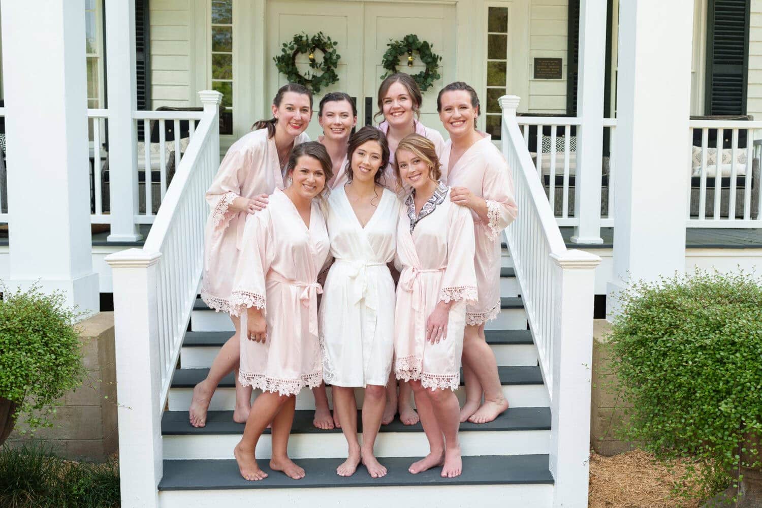 Bridesmaids in robes on the front porch - Tanglewood Plantation