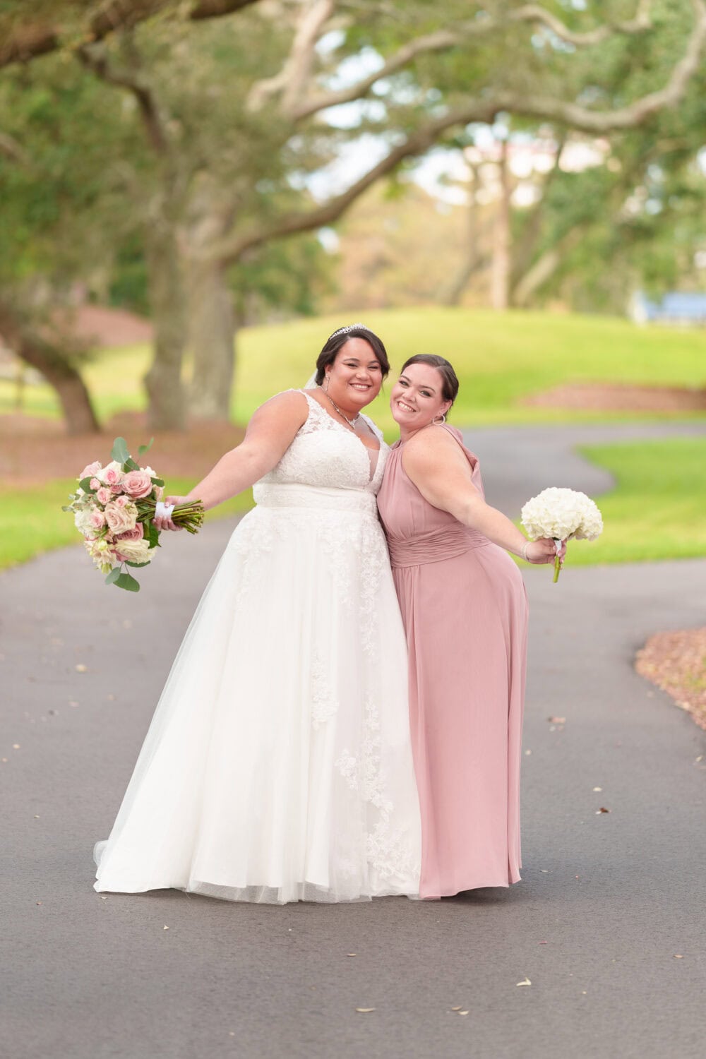 Individual portraits with the bridesmaids under the oaks - Dunes Golf & Beach Club