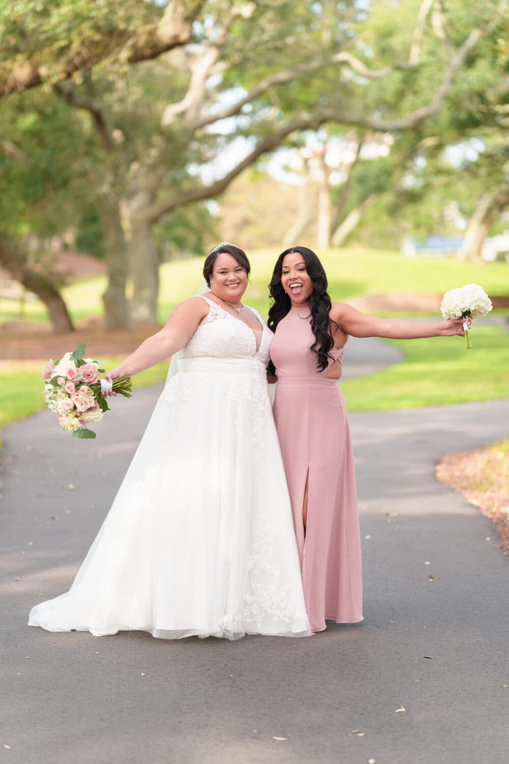 Individual portraits with the bridesmaids under the oaks - Dunes Golf & Beach Club