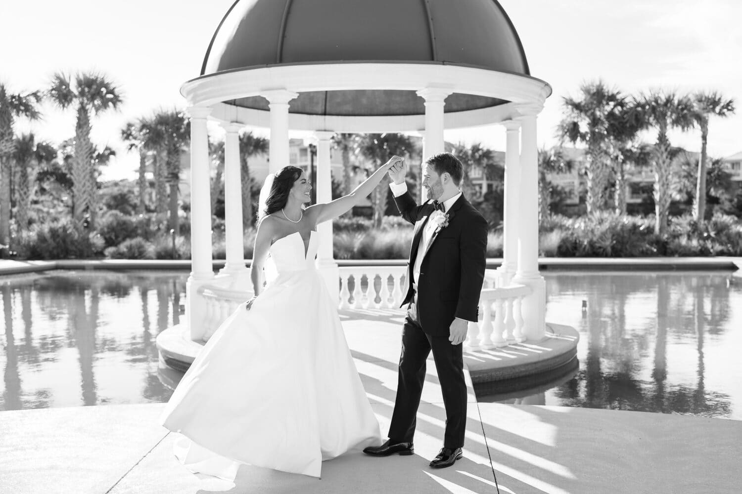 Portraits with the bride and groom at the gazebo before the ceremony in black and white - 21 Main Events - North Myrtle Beach