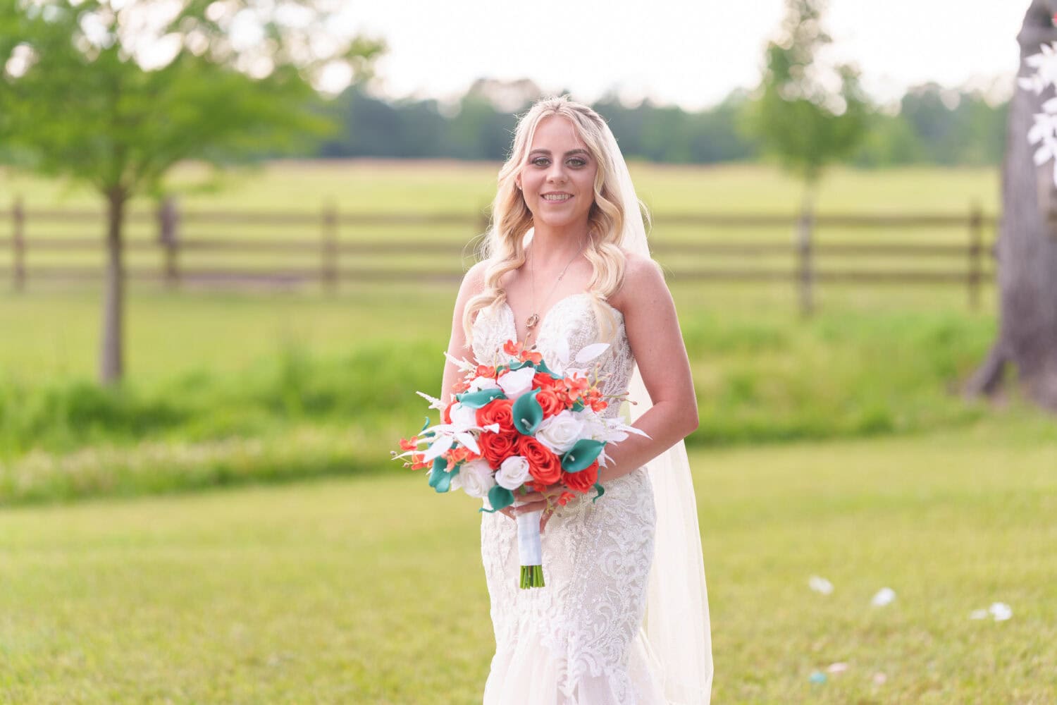 Portraits of the bride by the pasture - Wildhorse at Parker Farms